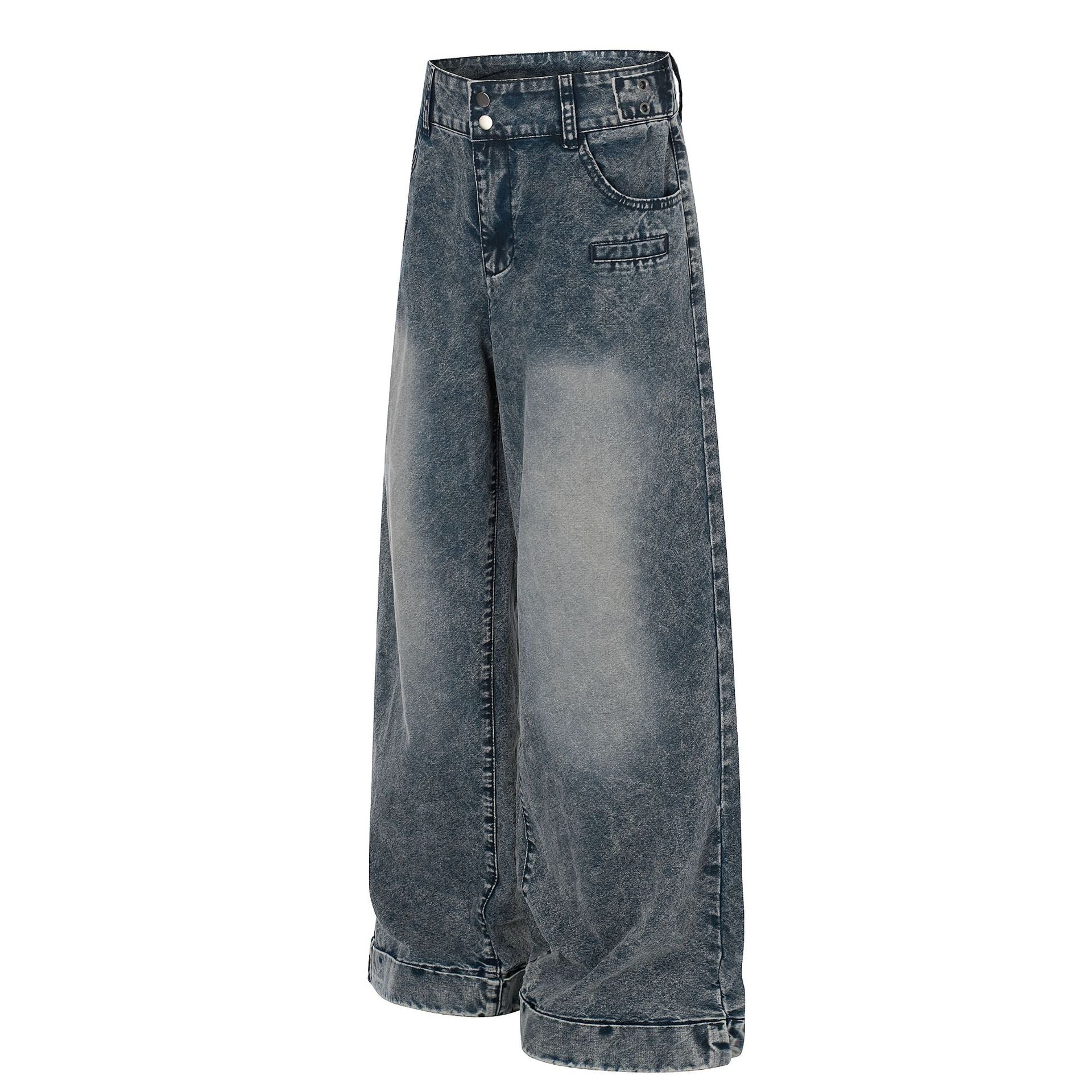 Washed Damage Wide Leg Curved Denim Jeans
