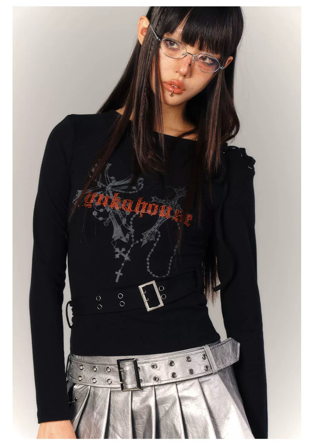 Cross Print Strap Buckle Cutout Long Sleeve T-Shirt