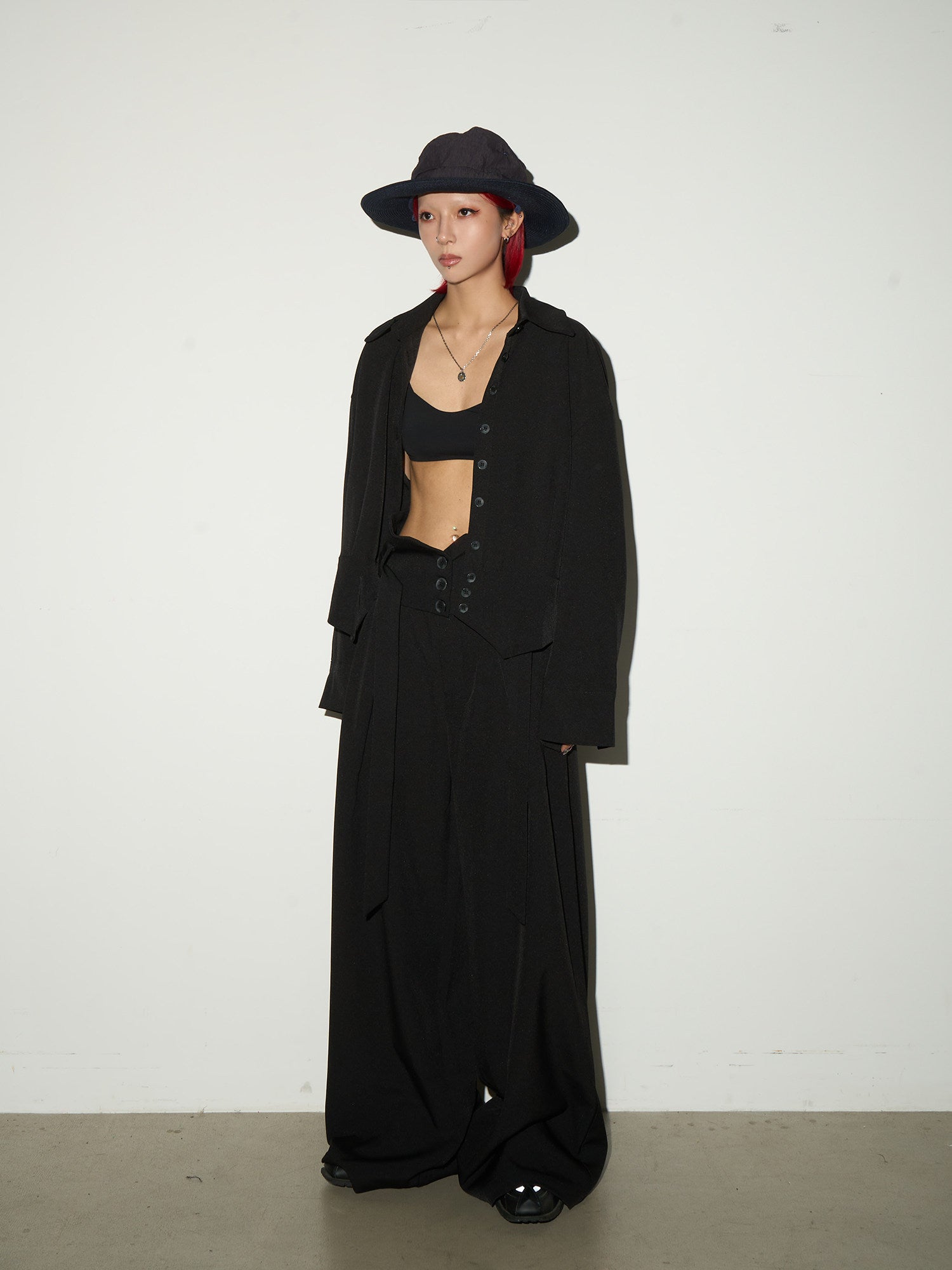 Button Front Long Sleeve Shirt & Pleats Wide Leg Trousers Setup