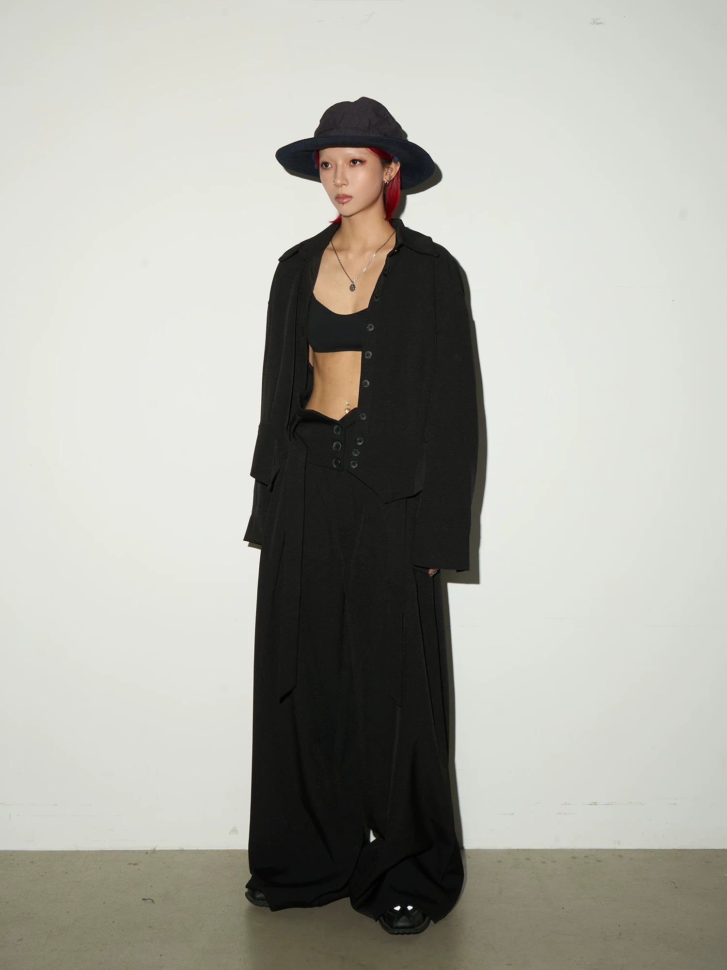 Button Front Long Sleeve Shirt & Pleats Wide Leg Trousers Setup