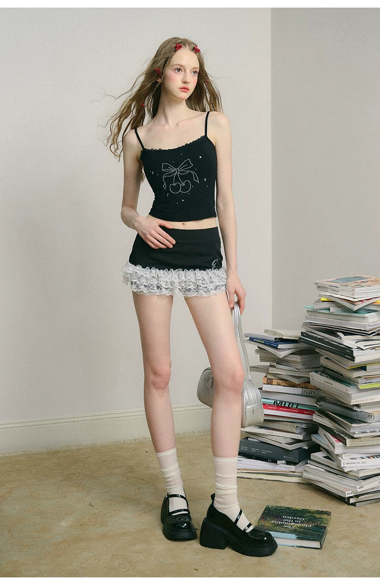 Lace Bow Camisole & Short Skirt Setup