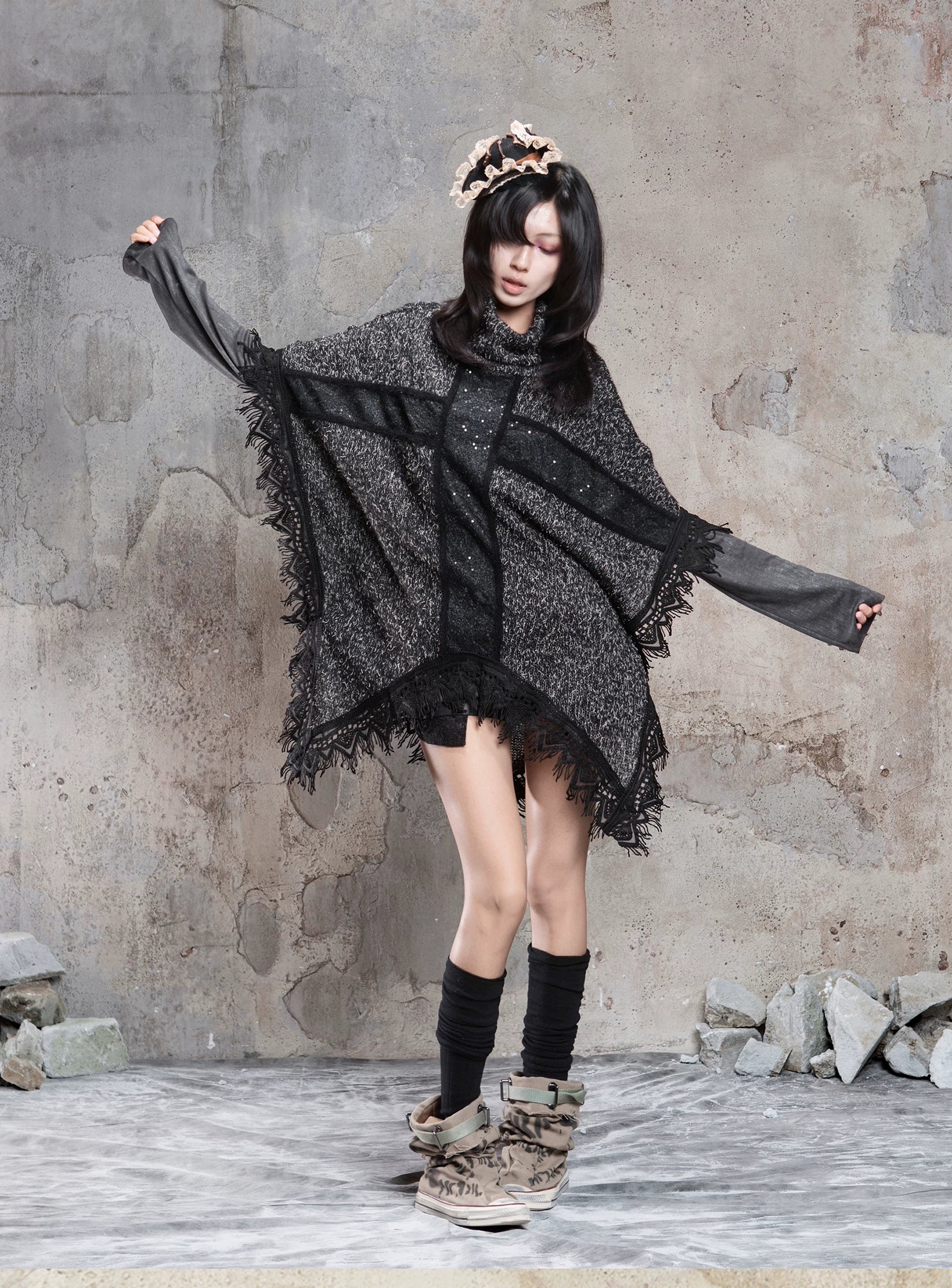 Punk Cross Cape Asymmetric Fringe Knit Sweater