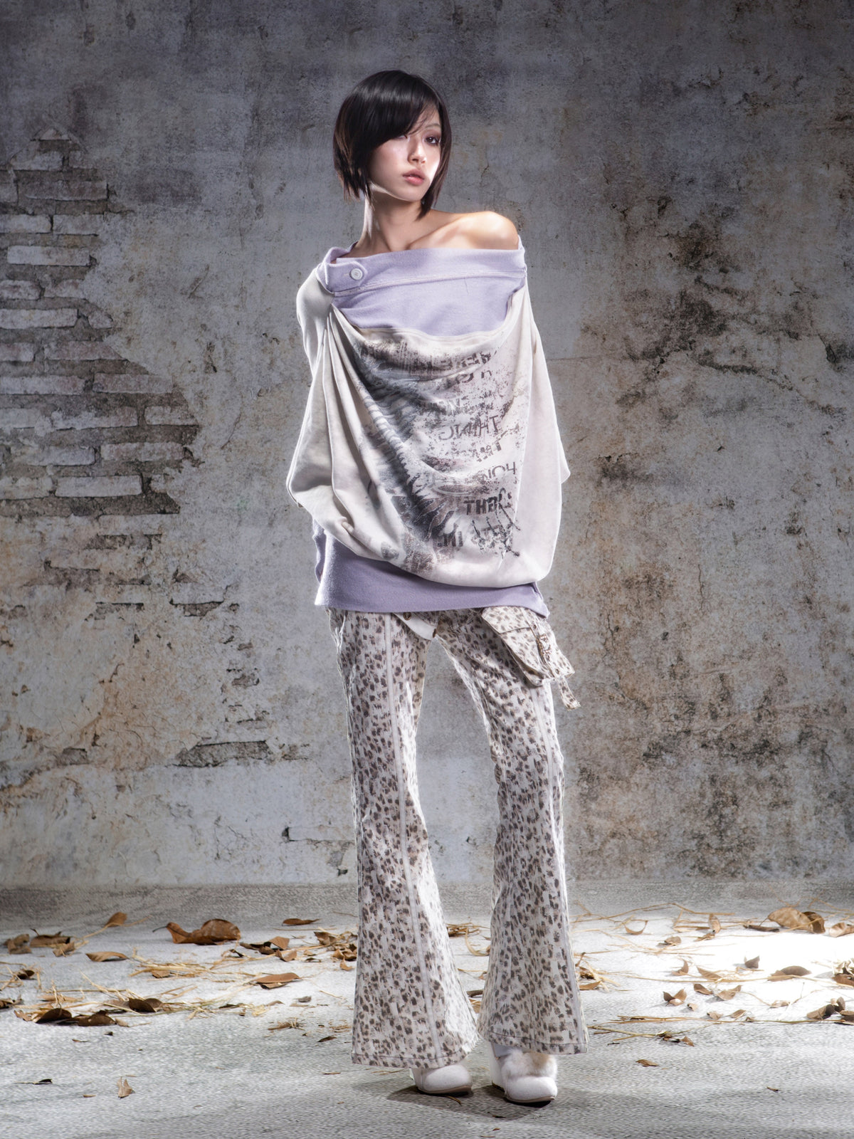 Original Fake Two-Piece Oversize Batwing Sleeve Floral Off-Shoulder Long Sleeve T-Shirts