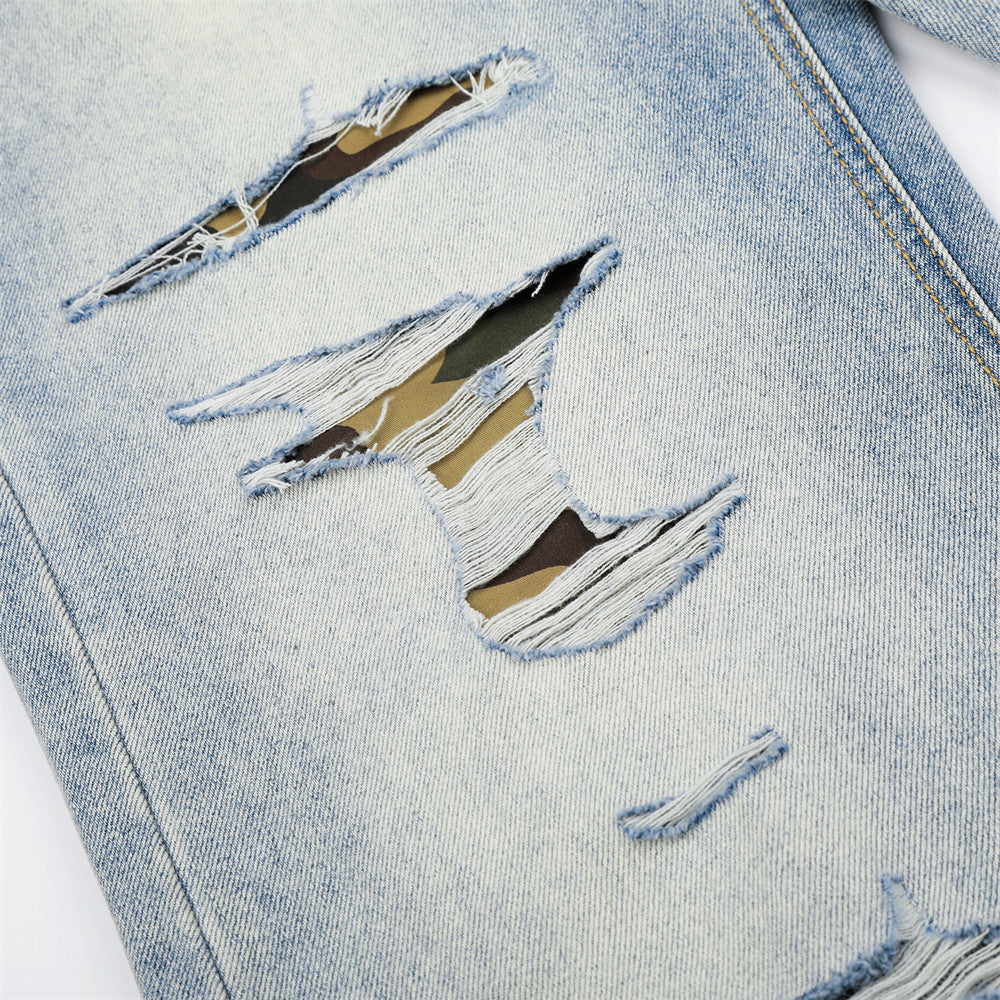 Distressed Camouflage Wide-Leg Jeans