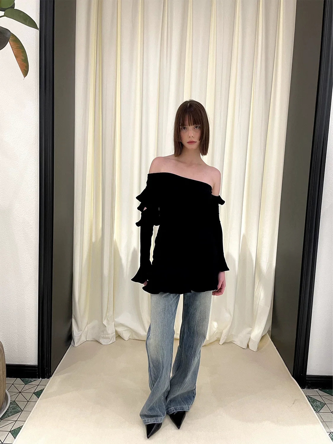Irregular Ruffle Off Shoulder Lace Dress
