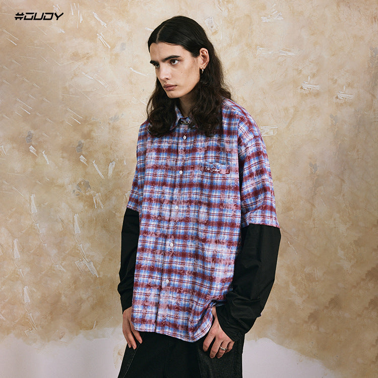 Plaid Fake Layered Letter Embroidery Dyeing Long Sleeve Shirt