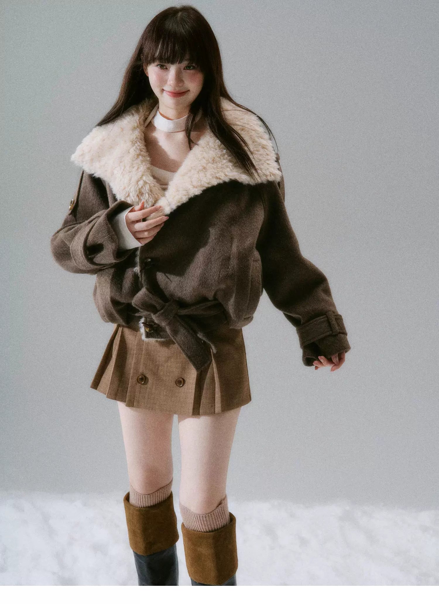 Fake Fur Collar Belted Jacket