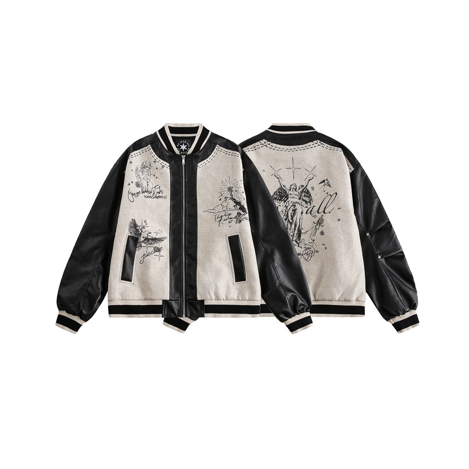 Veste de baseball unisexe rétro avec manches en cuir