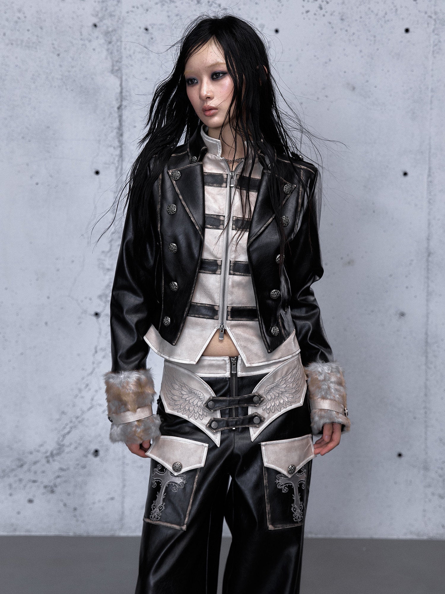 Standing-Collar Belt Detail Fake Fur Cuff PU Leather Jacket