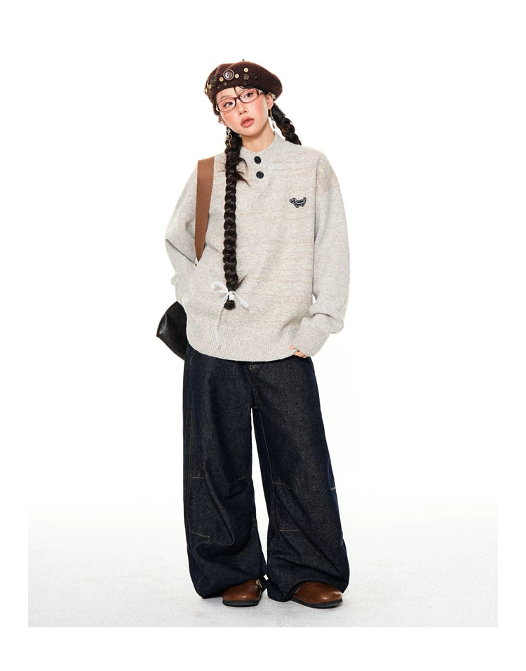 Button-Detail Stand Neck Knit Sweater