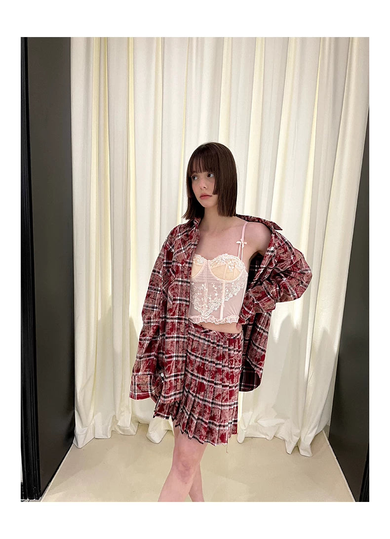 Checkered Washed Oversize Long Sleeve Shirt & Pleated Short Skirt Setup