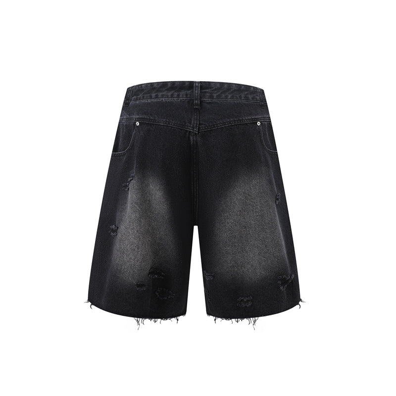 Washed Damage Wide Leg Denim Short Pants