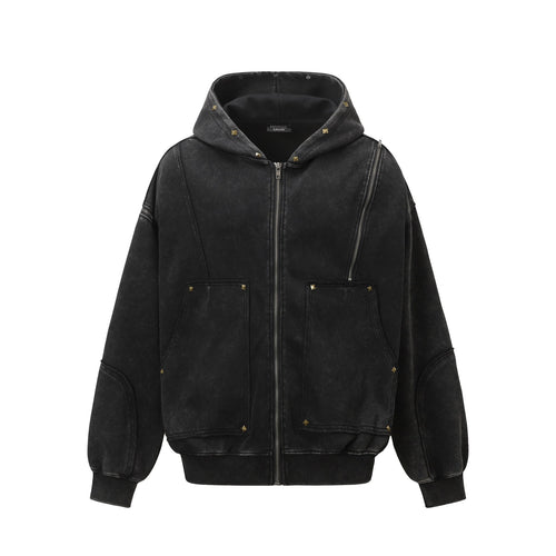 Gewaschener Kapuzenpullover mit Reißverschluss - Schwarz / S