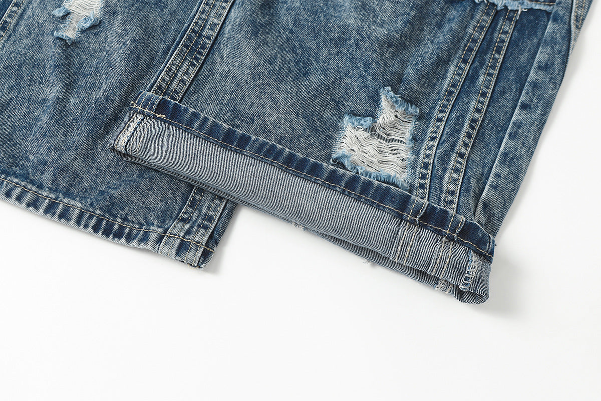 Washed Damage Splice Wide Leg Denim Jeans