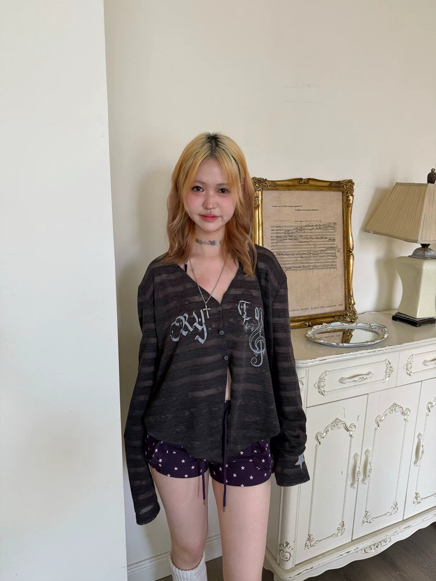 Striped Note Print Star Print Cardigan