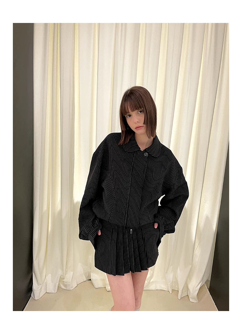 Stripe Polo Collar Jacket & Pleated Short Skirt Setup