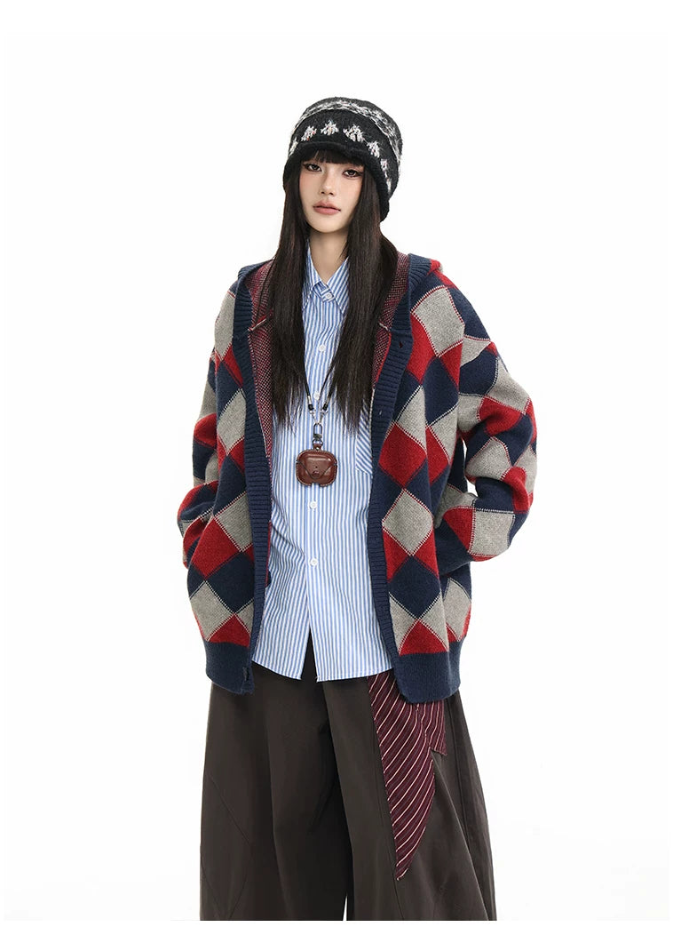 Heavyweight Diamond Pattern Oversize Hooded Knit Cardigan & Knit Sweater
