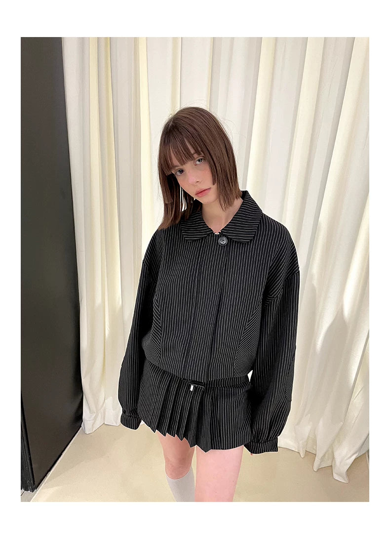 Stripe Polo Collar Jacket & Pleated Short Skirt Setup