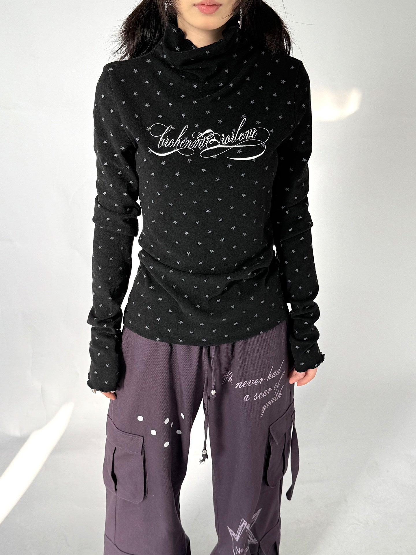 Polka Dot Print High-Neck Long Sleeve T-Shirt
