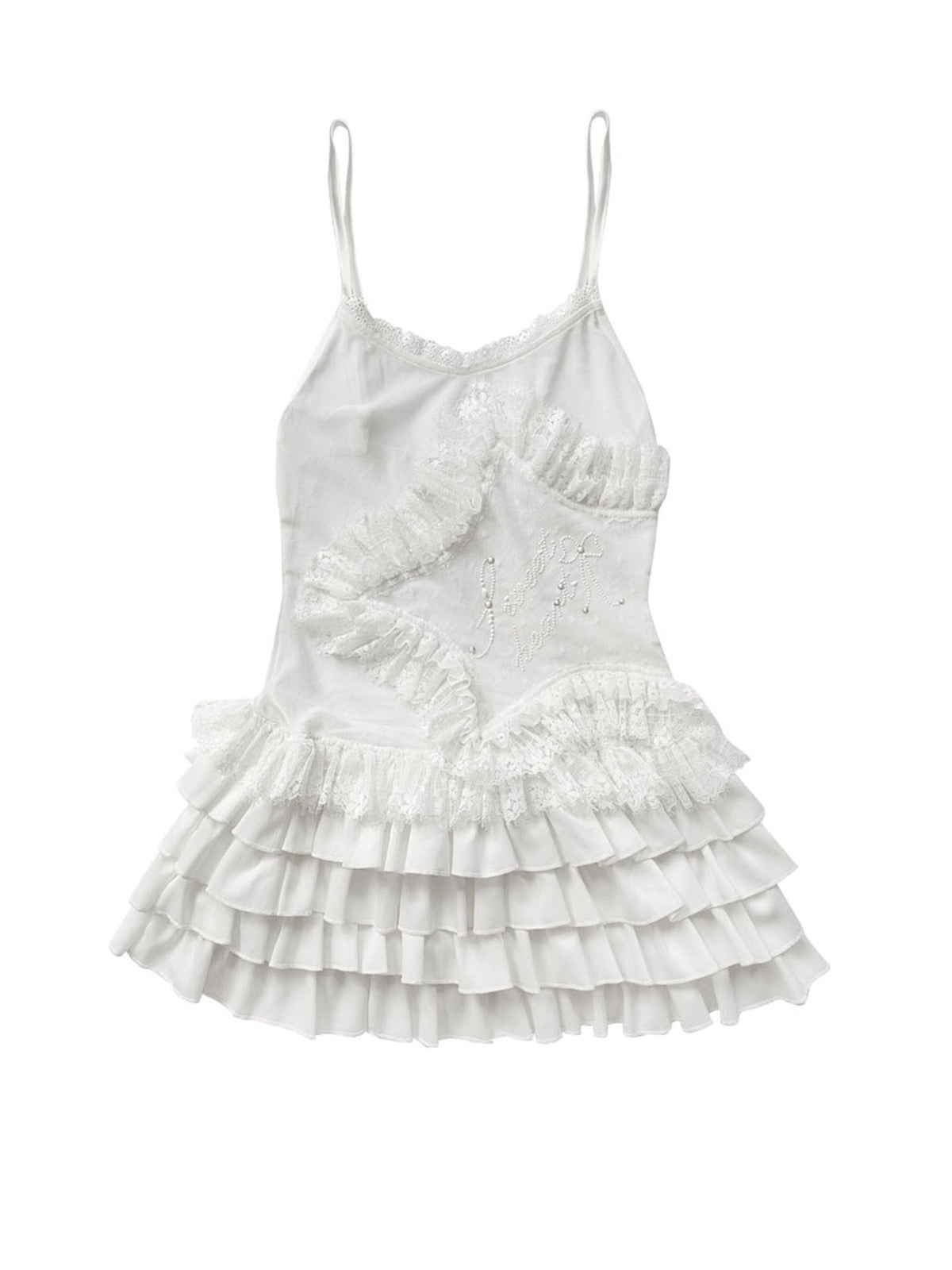 Lace Spaghetti Strap Tiered Ruffle Oversize Short Dress & Underwear Set