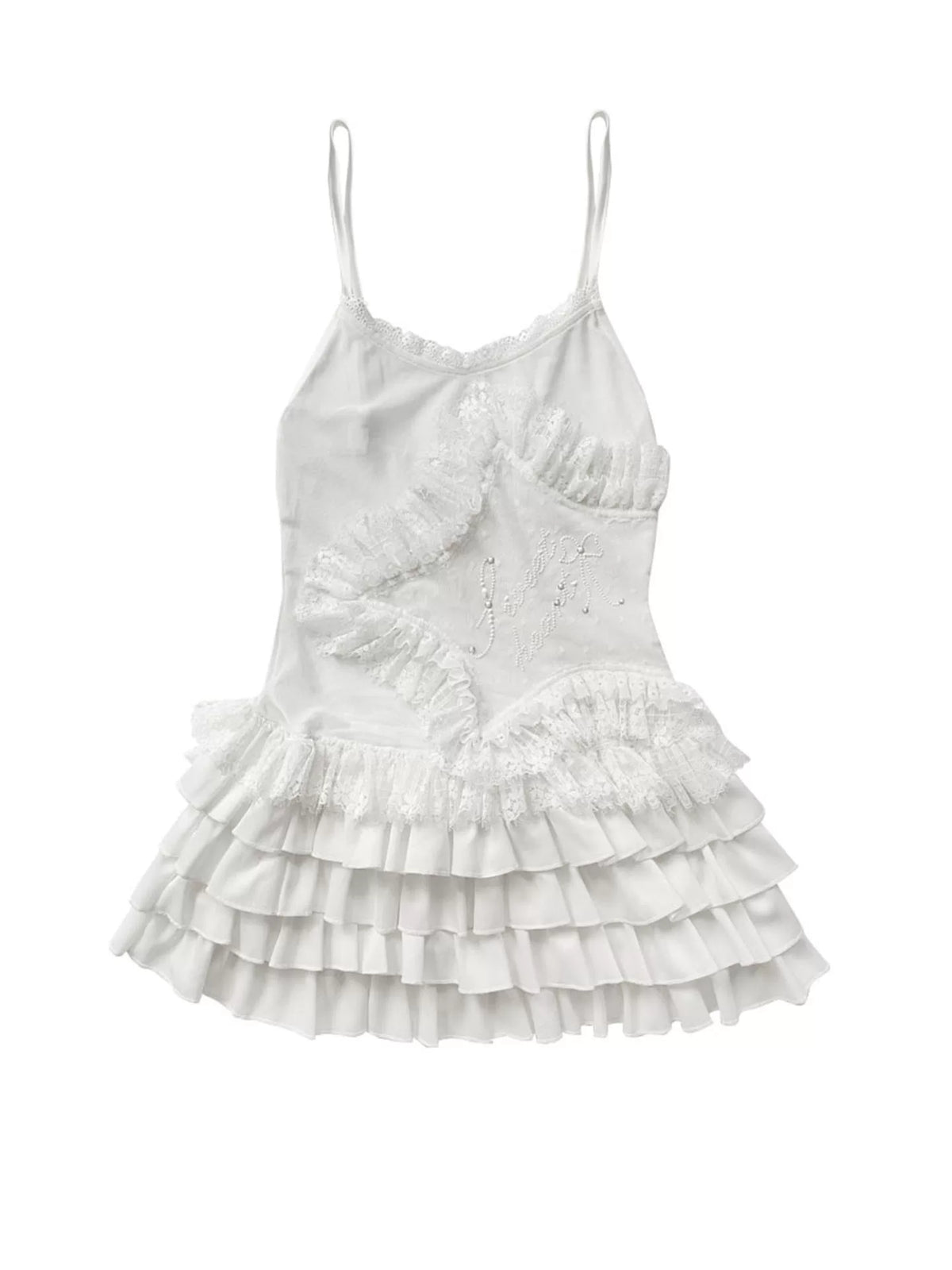 Lace Spaghetti Strap Tiered Ruffle Oversize Short Dress & Underwear Set