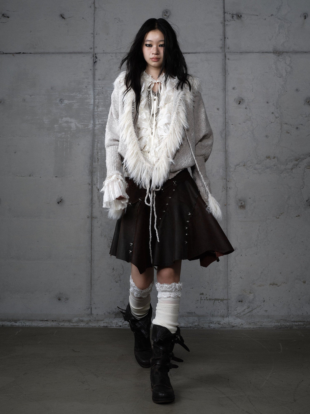 Fake Fur Trim Drawstring Oversize Knit Cardigan