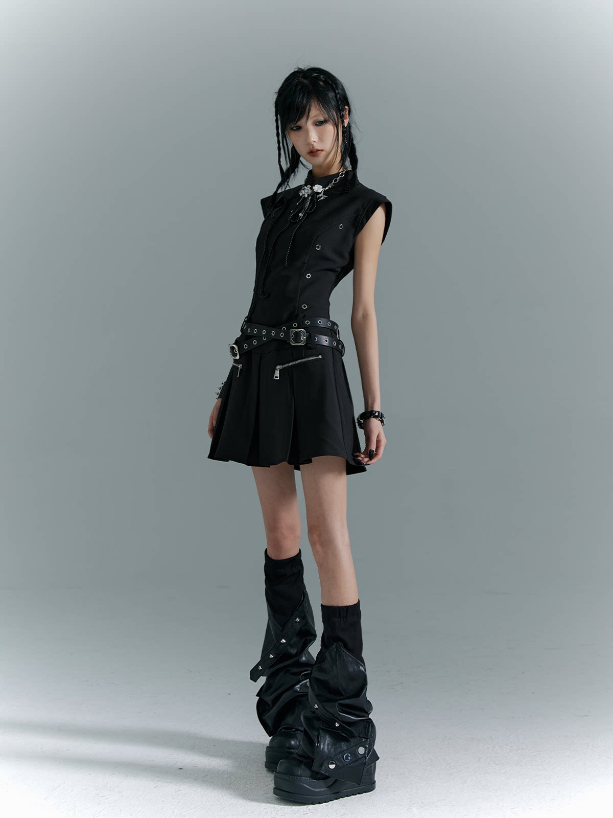Cutout Pleats Qipao Sleeveless Dress With Belt