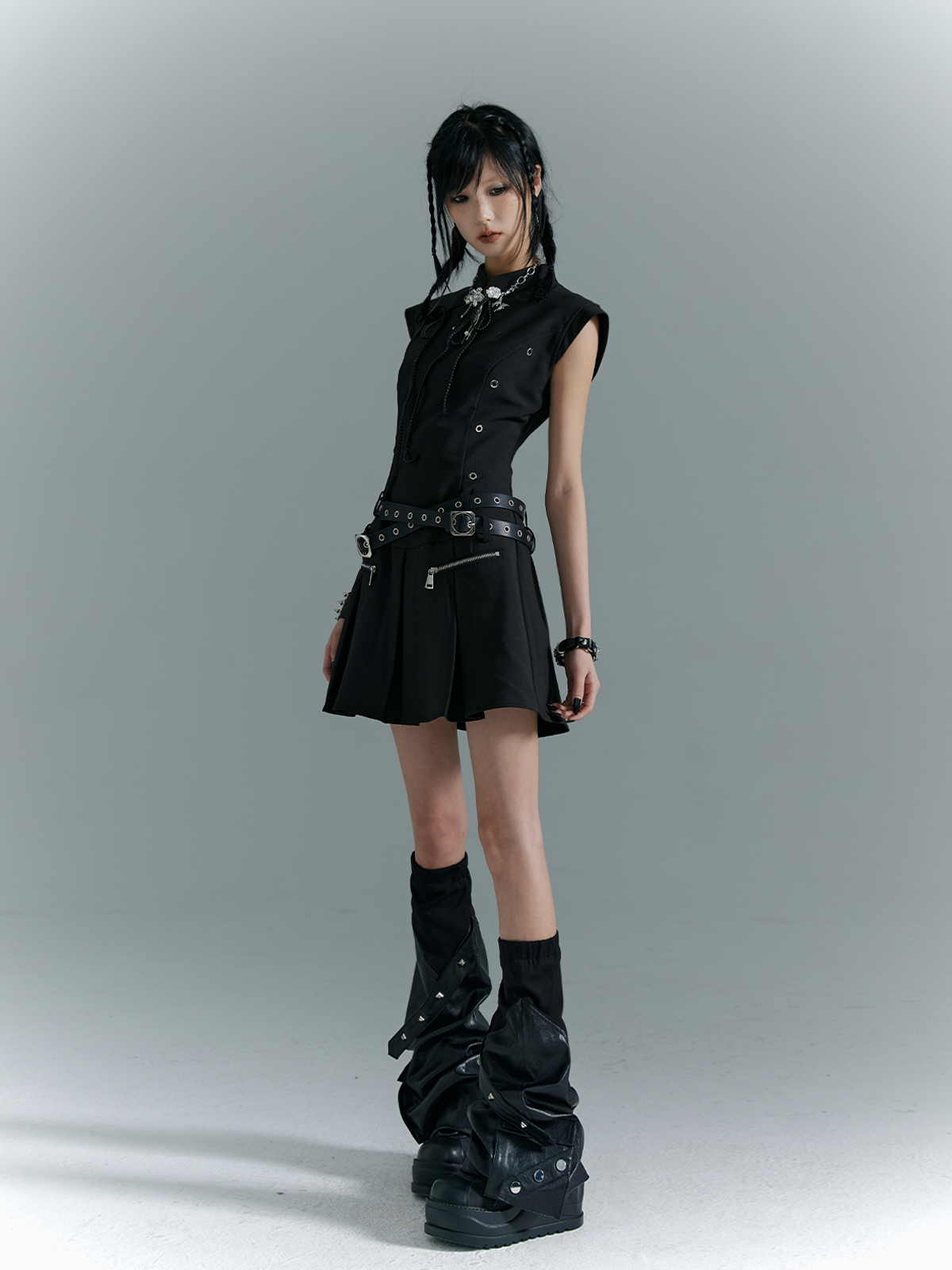 Cutout Pleats Qipao Sleeveless Dress With Belt