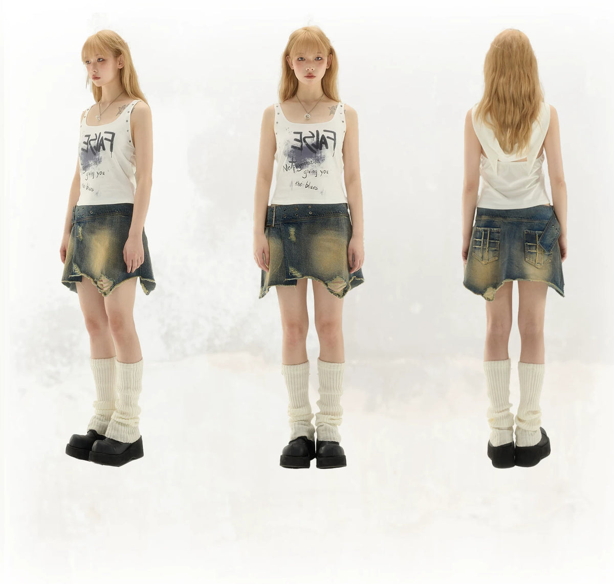 Washed Asymmetrical Adjustable Denim Short Skirt