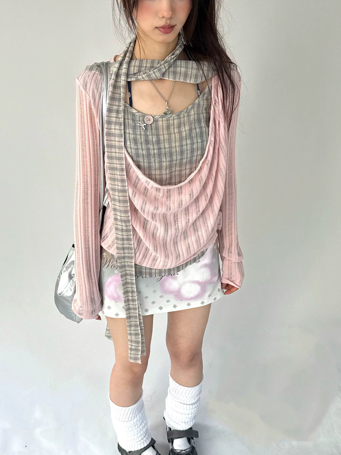 Plaid Ripped Fake Layered Long Sleeve T-Shirt