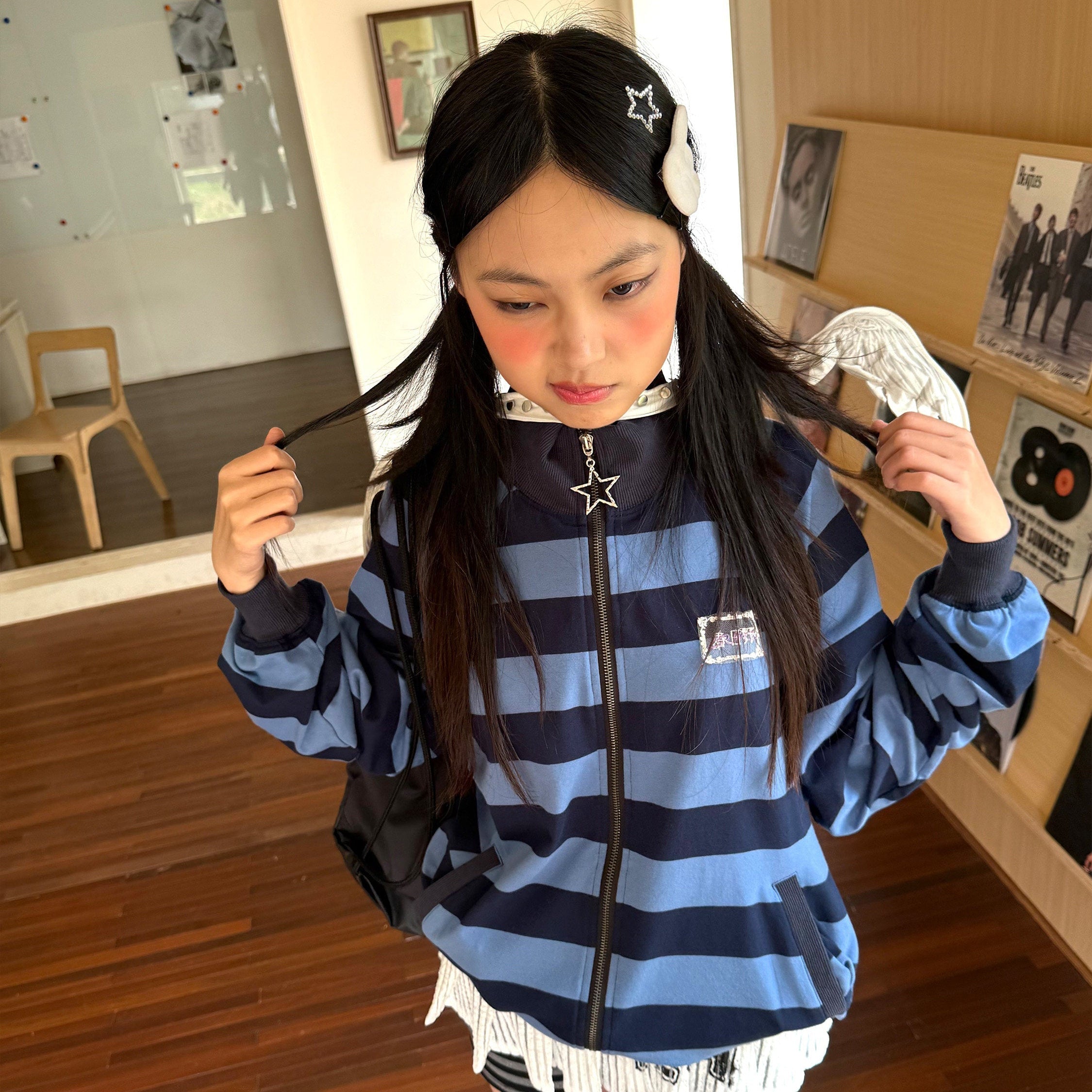 Striped Oversize Stand Collar Zipper Jacket
