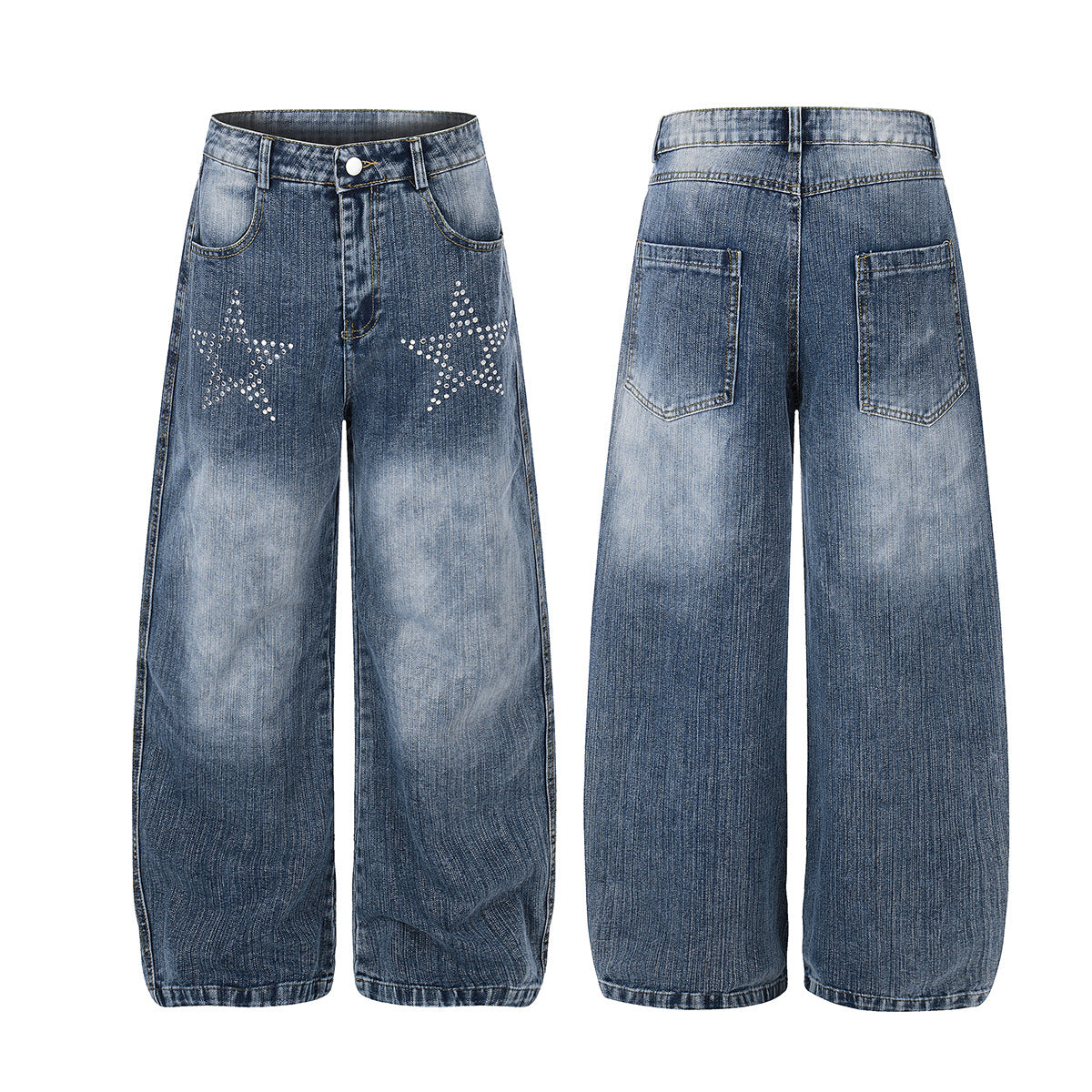 Washed Star Rhinestone Wide Leg Denim Jeans