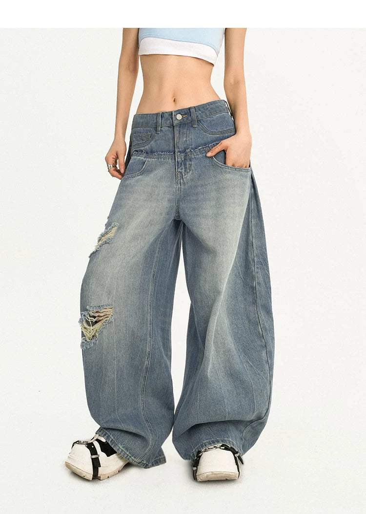 Damage Embroidery Wash Wide Leg Denim Jeans