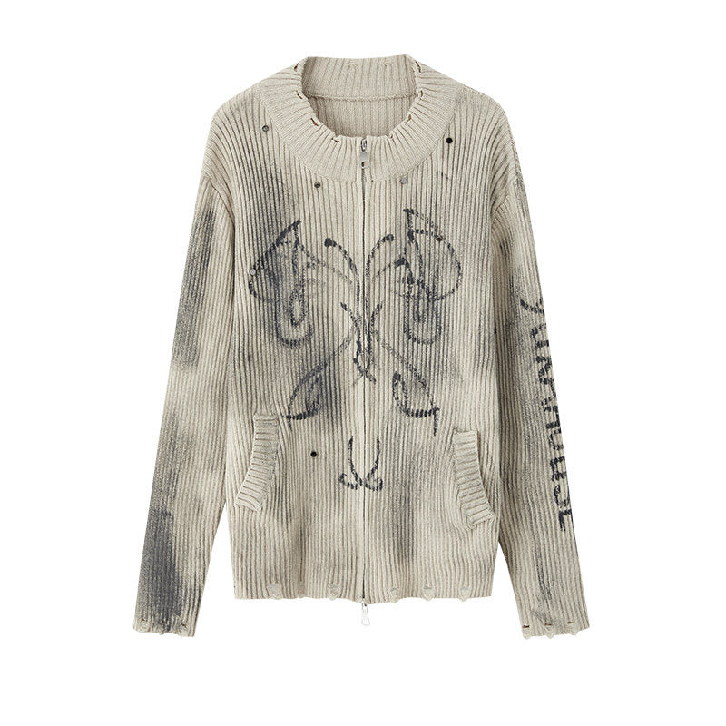 Washed Damage Graffiti Design Oversize Knit Cardigan
