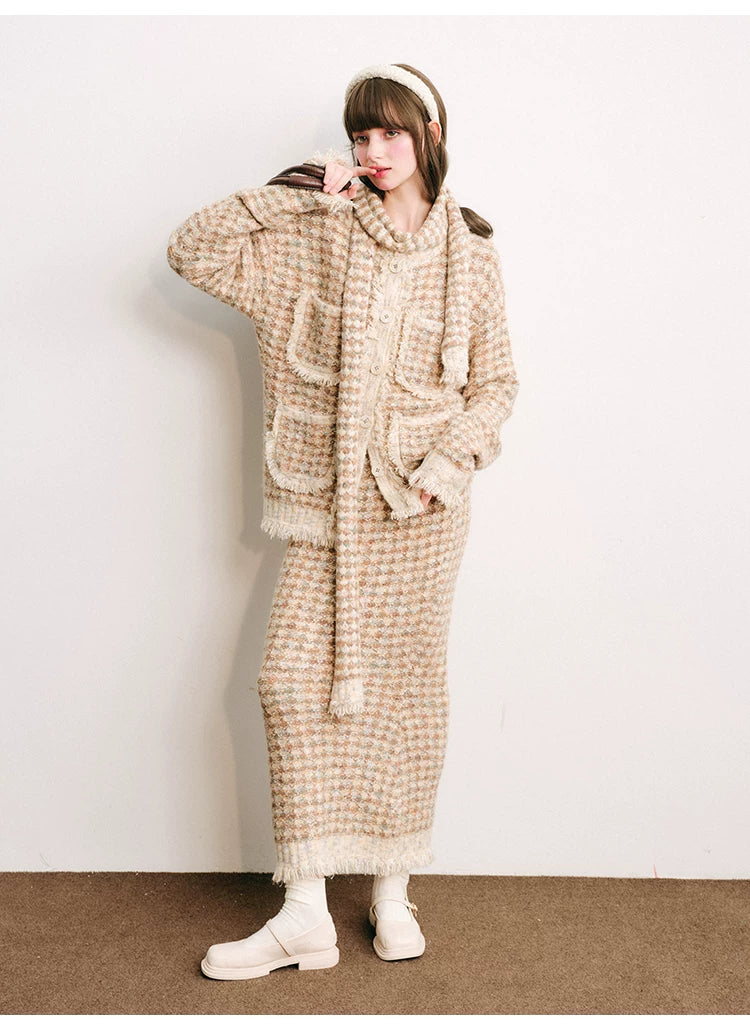 Plaid Button Cardigan & Scarf & Long Skirt Setup