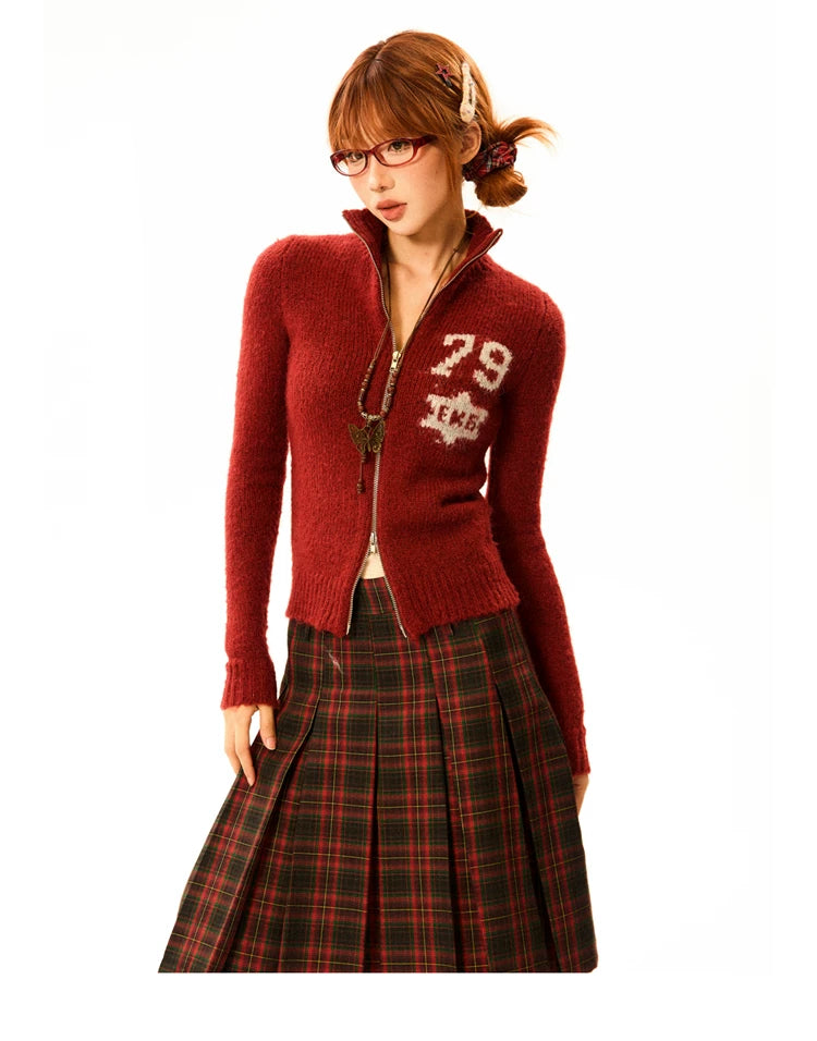 Number Patch Knit Zipper Stand Neck Cardigan