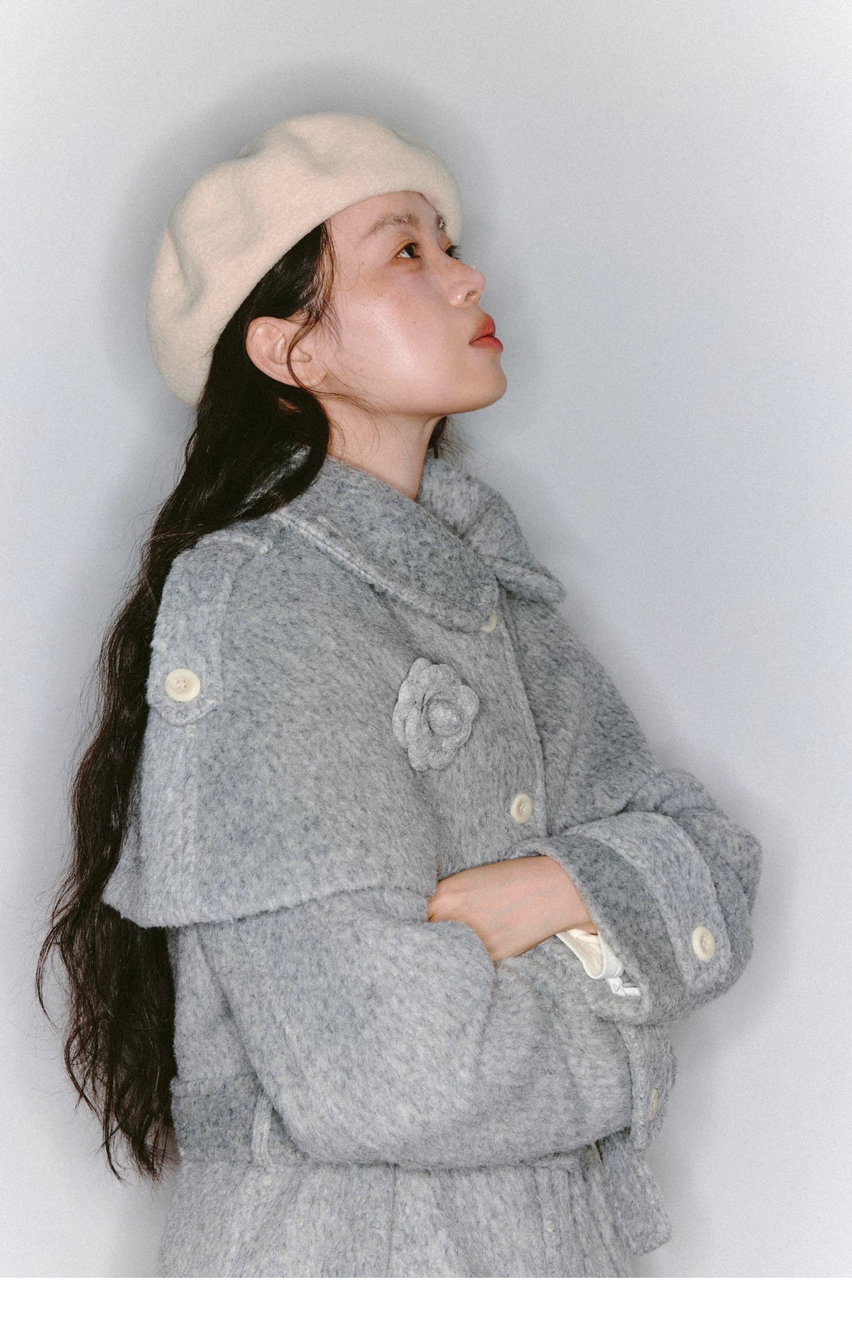 Cape Collar & Flower Detail Belted Coat