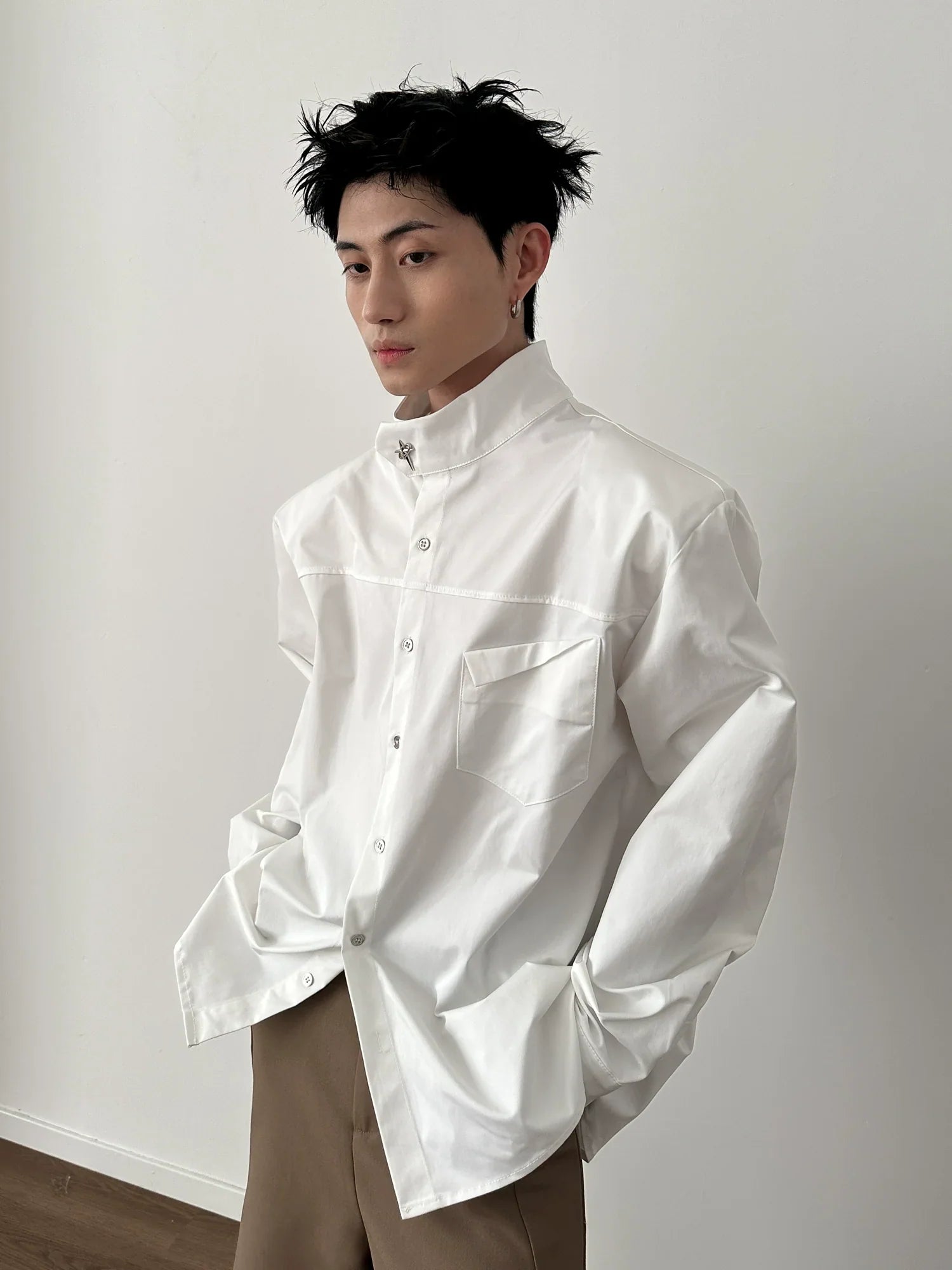 Metal Logo Button Up Stand Neck Long Sleeve Shirt