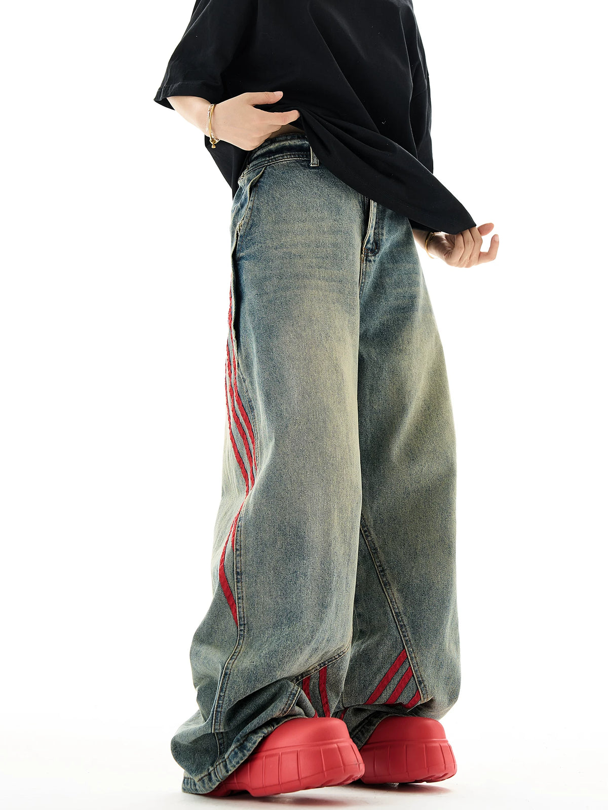 Side Stripes Wide-Leg Straight Denim Jeans
