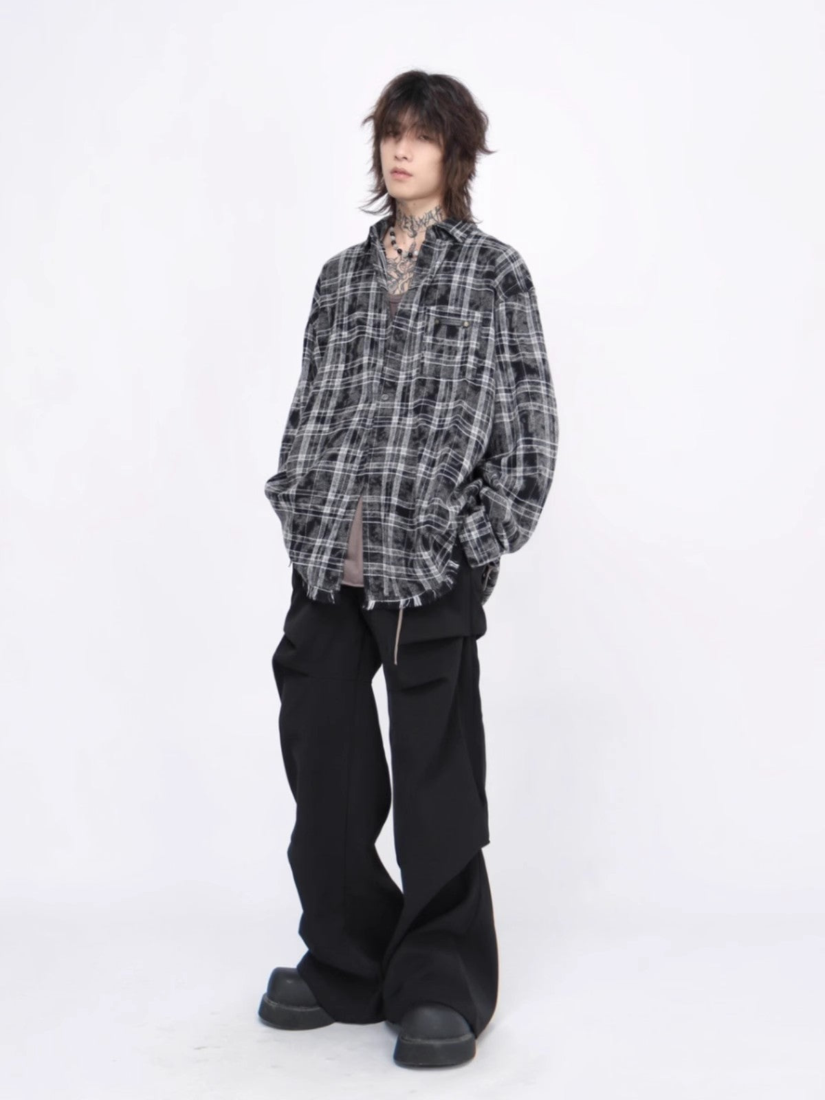 Oversize Damage Plaid Long Sleeve Shirt