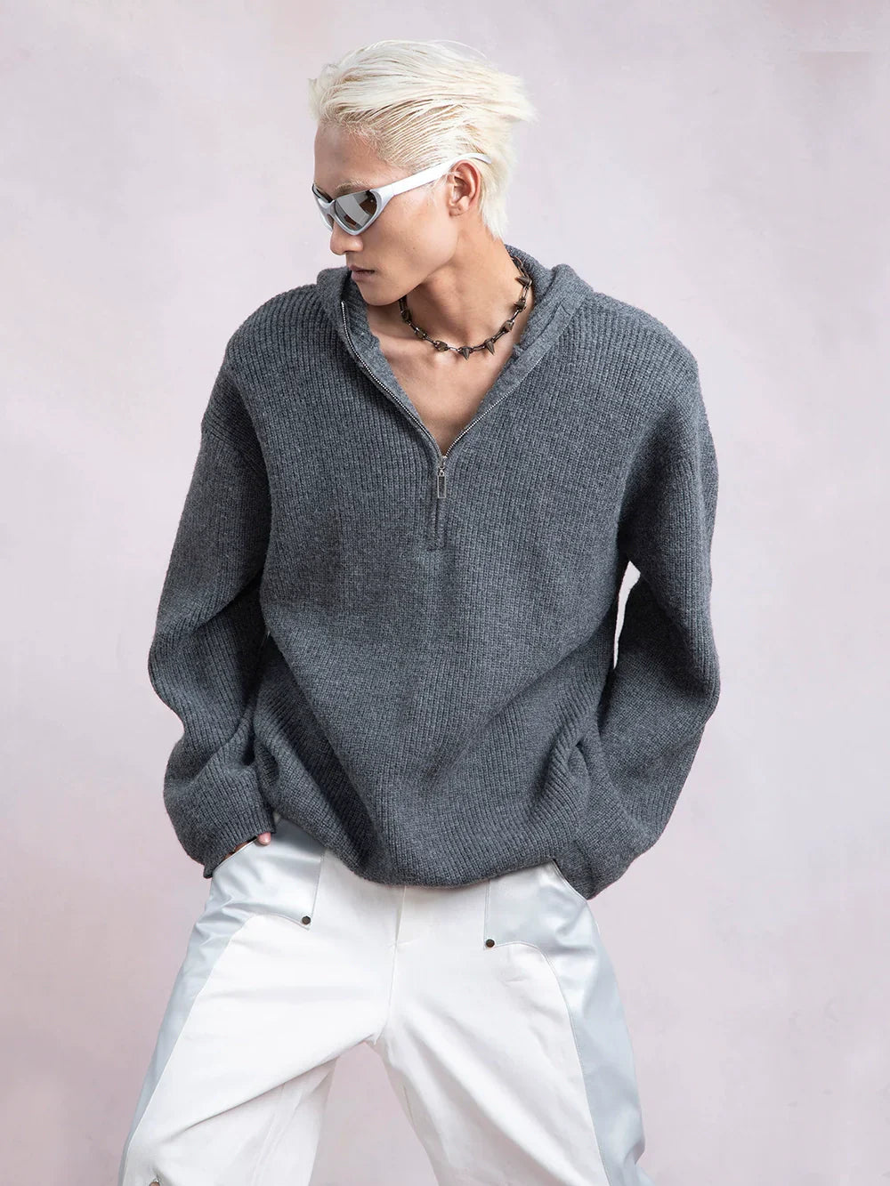 Oversized gebreide hoodie met halve rits