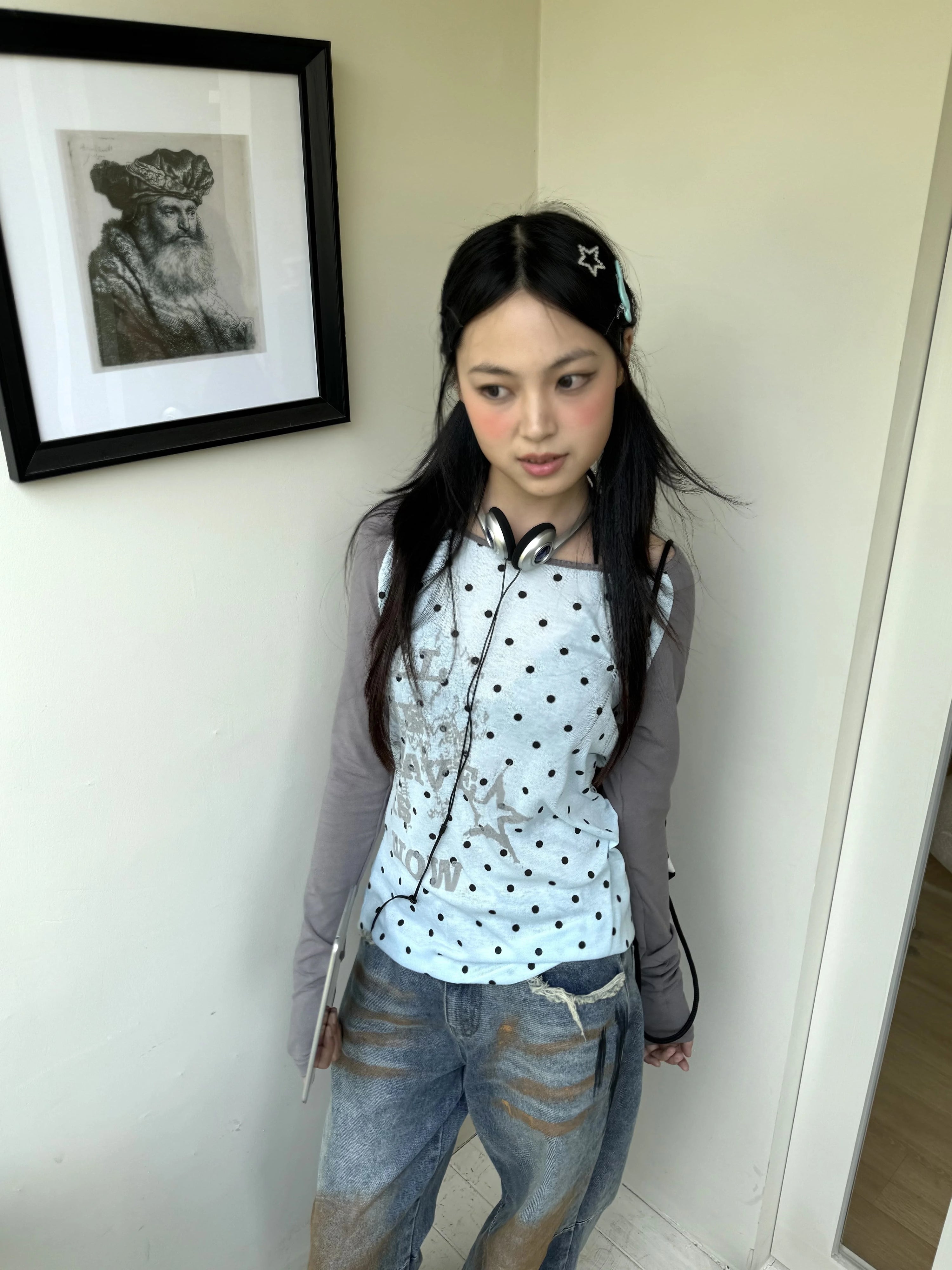 Polka Dot Letter Print Fake Layered Fitted Long Sleeve T-Shirt