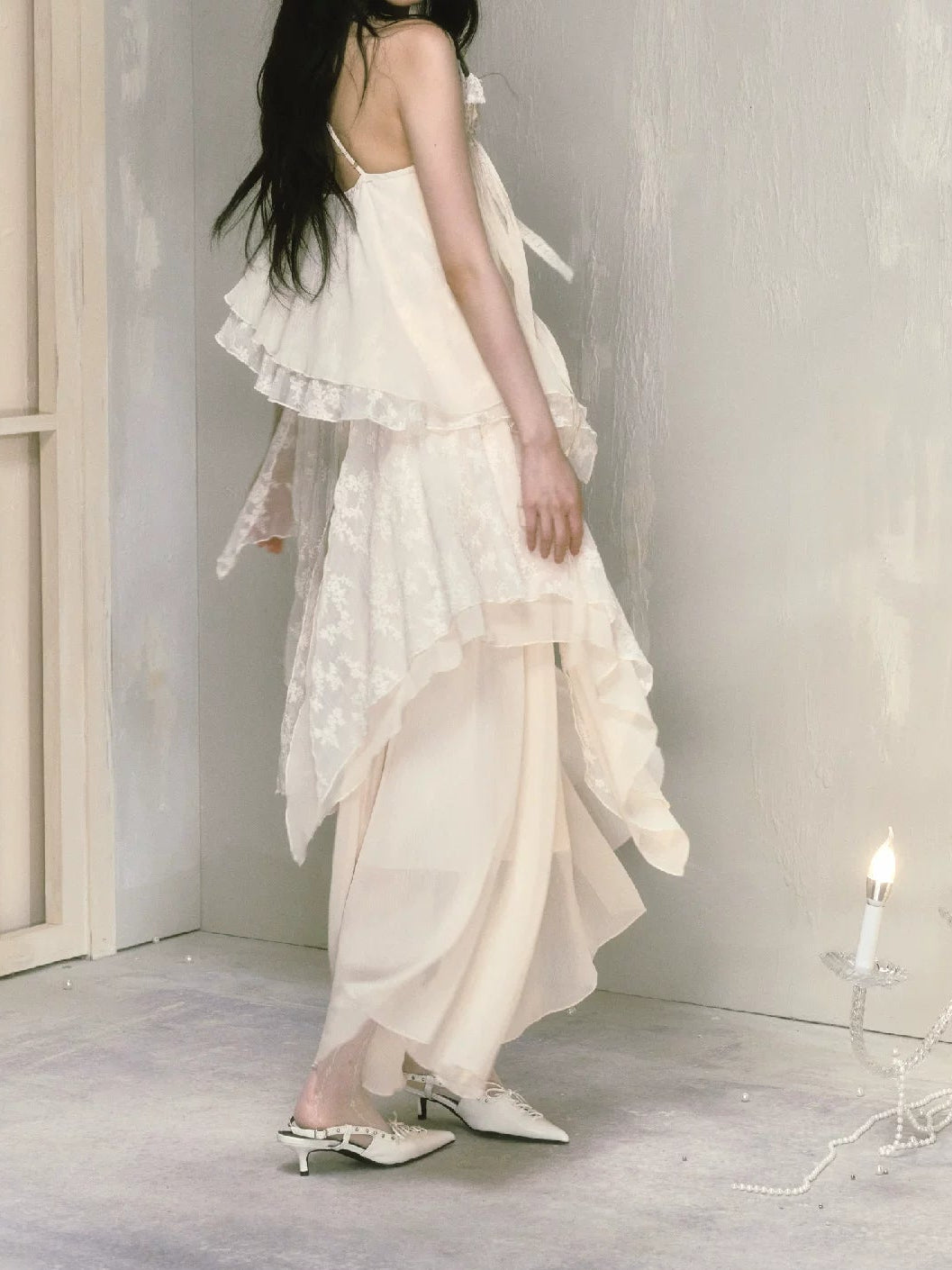 With Brooch Irregular Camisole Dress & Long Sleeve Shirt Setup