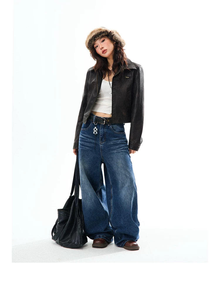 PU Leather Washed Zipper Short Length Jacket