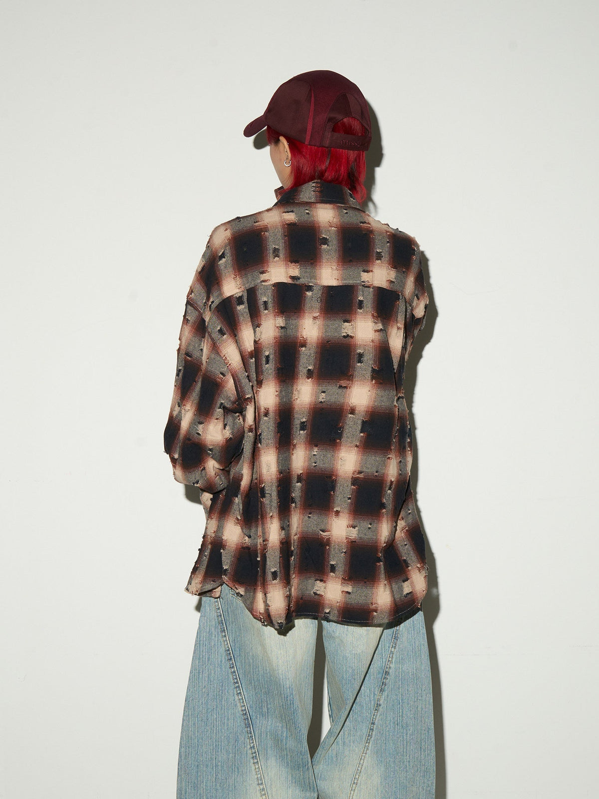 Ripped Plaid Oversize Long Sleeve Shirt