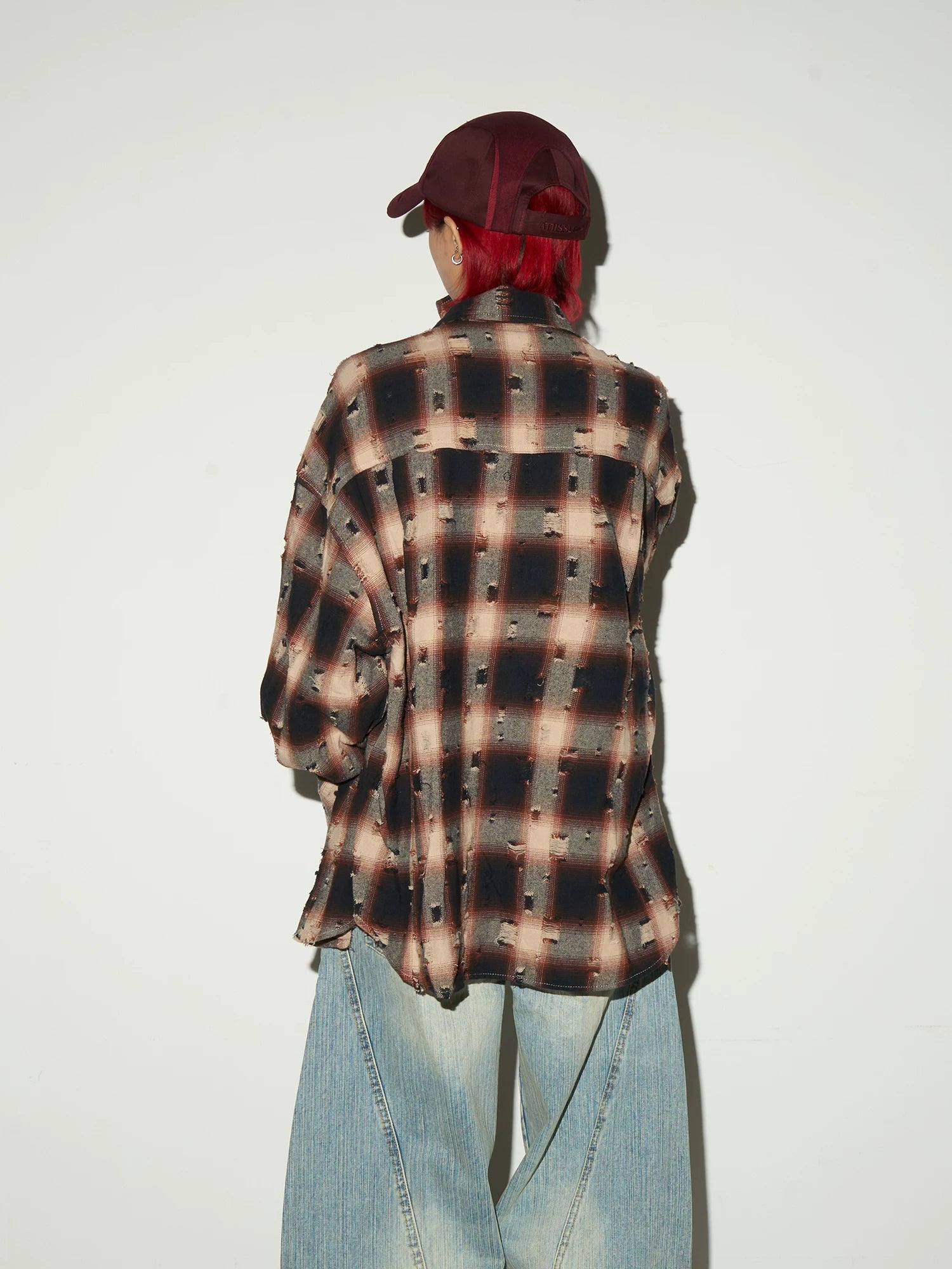 Ripped Plaid Oversize Long Sleeve Shirt