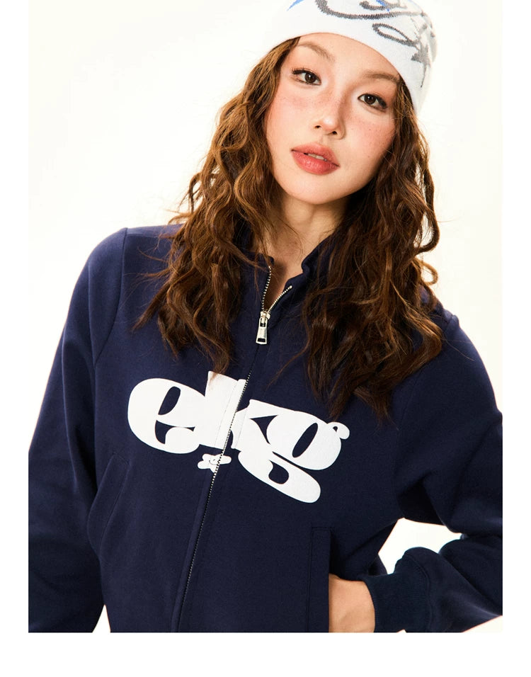 Letter Print Fitted Zipper Hoodie