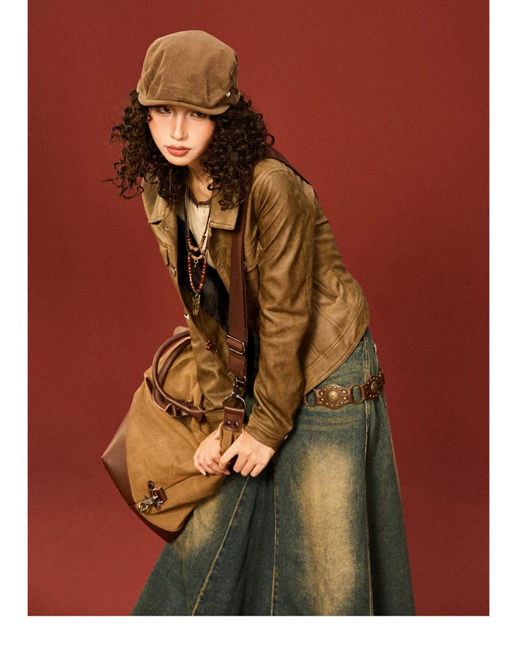 PU Leather Standing-Collar Short Jacket