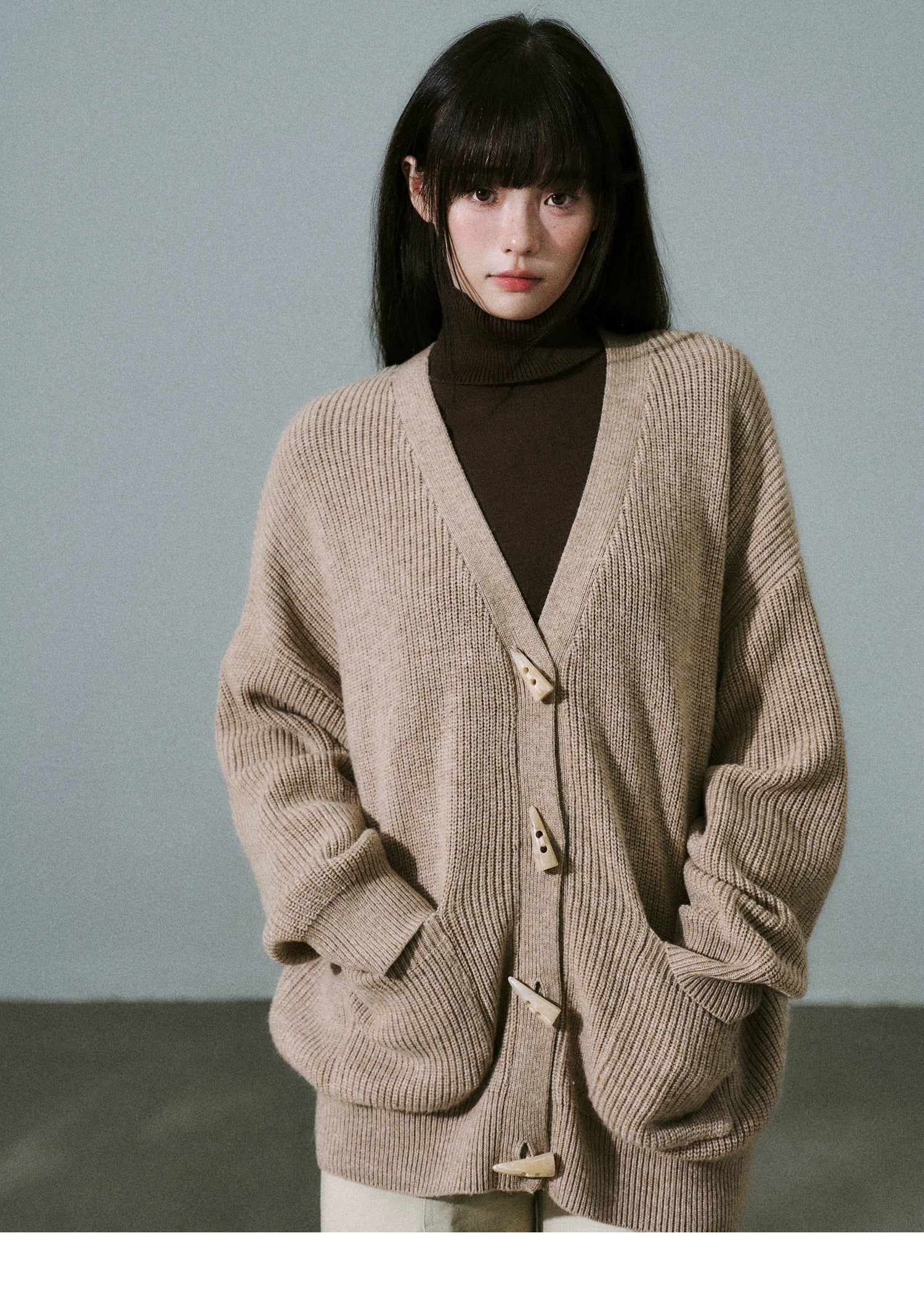 Hooded Horn Button Fleece Lining Knit Cardigan
