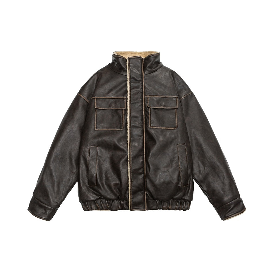Veste unisexe vintage doublée de laine et de cuir